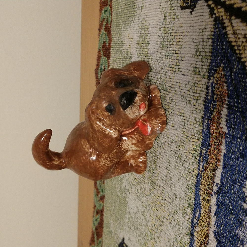 Vintage 3" Glazed Porcelain Crouching Dog Figurine Signed Suzy Rudorfer